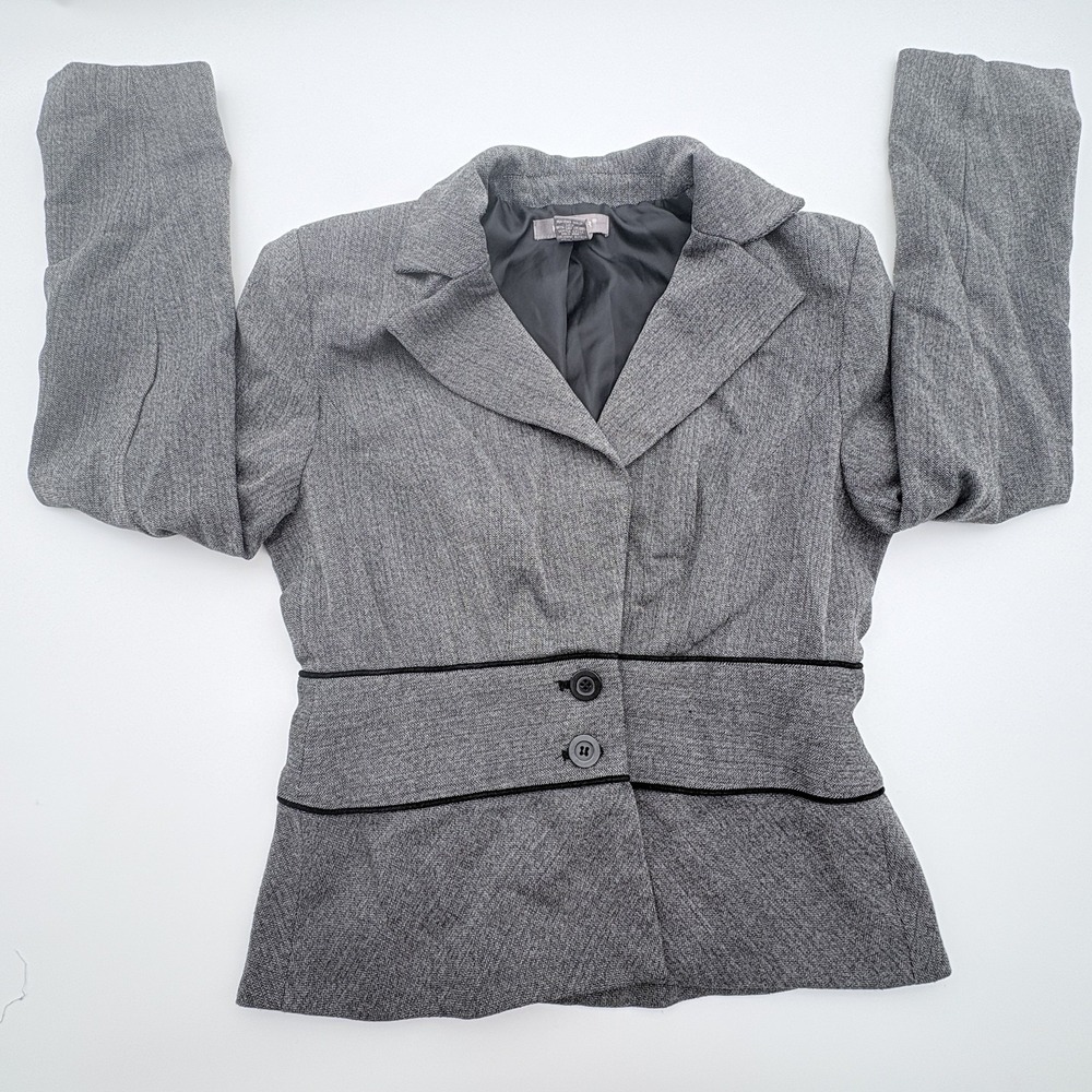 Kenar Blazer Jacket Womens 6 Gray Herringbone Two Button Waist Detail Stretch